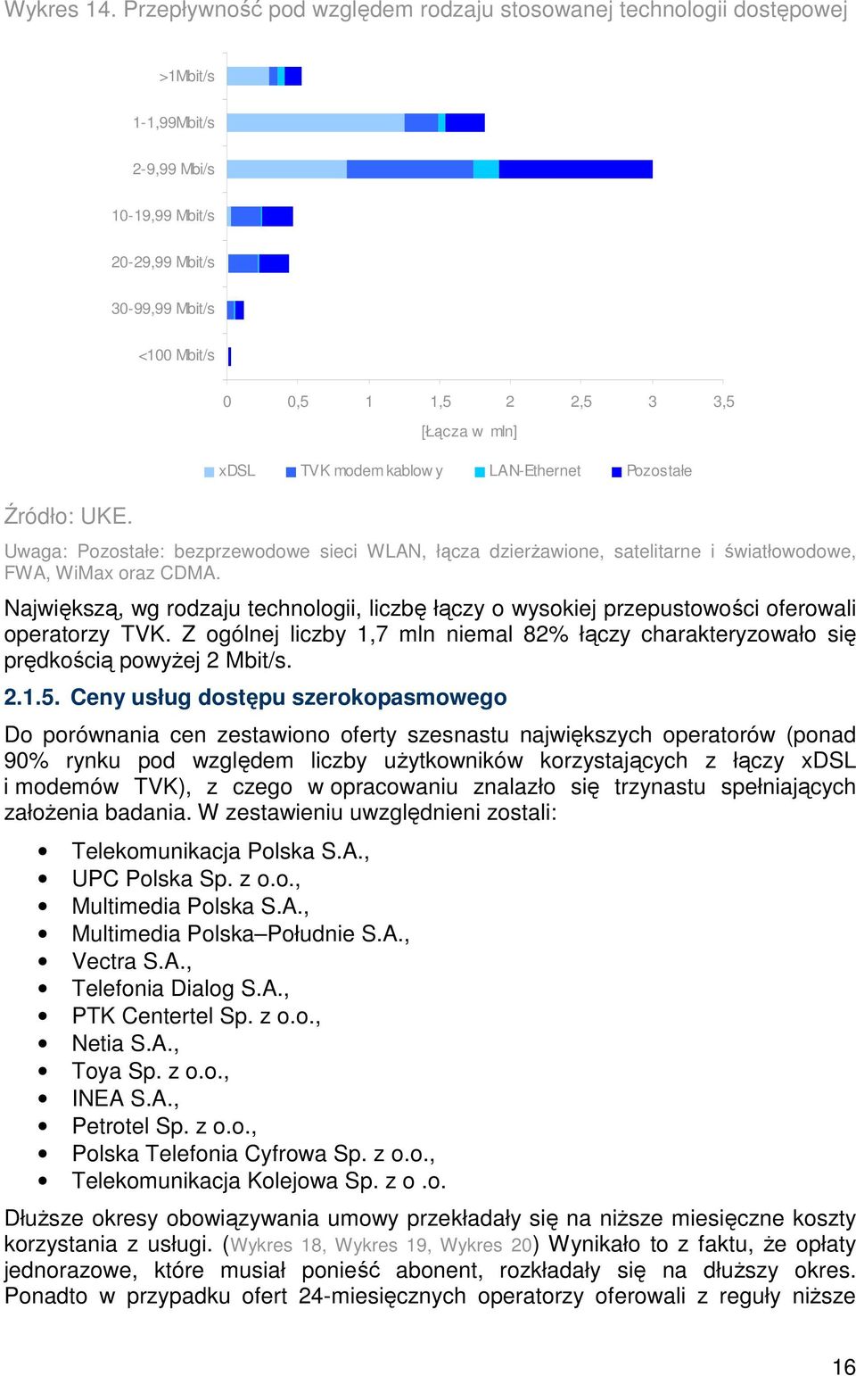 TVK modem kablow y LAN-Ethernet Pozostałe Uwaga: Pozostałe: bezprzewodowe sieci WLAN, łącza dzierŝawione, satelitarne i światłowodowe, FWA, WiMax oraz CDMA.