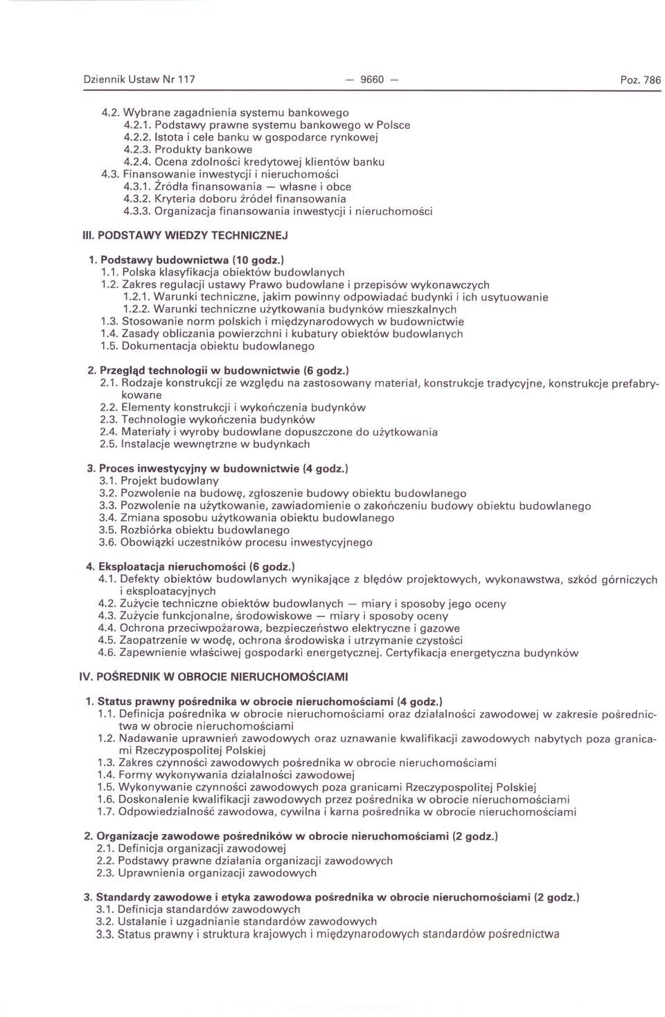 3.3. Organizacja finansowania inwestycji i nieruchomości III. PODSTAWY WIEDZY TECHNICZNEJ 1. Podstawy budownictwa (10 godz.) 1.1. Polska klasyfikacja obiektów budowlanych 1.2.