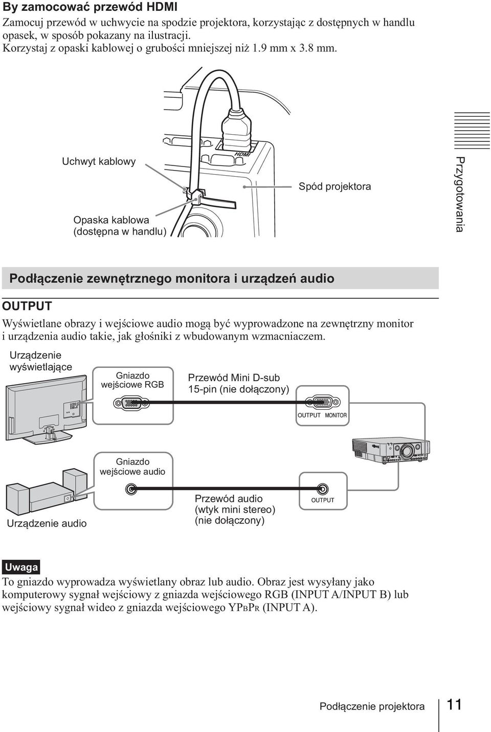 Uchwyt kablowy Opaska kablowa (dostępna w handlu) Spód projektora Przygotowania Podłączenie zewnętrznego monitora i urządzeń audio OUTPUT Wyświetlane obrazy i wejściowe audio mogą być wyprowadzone na