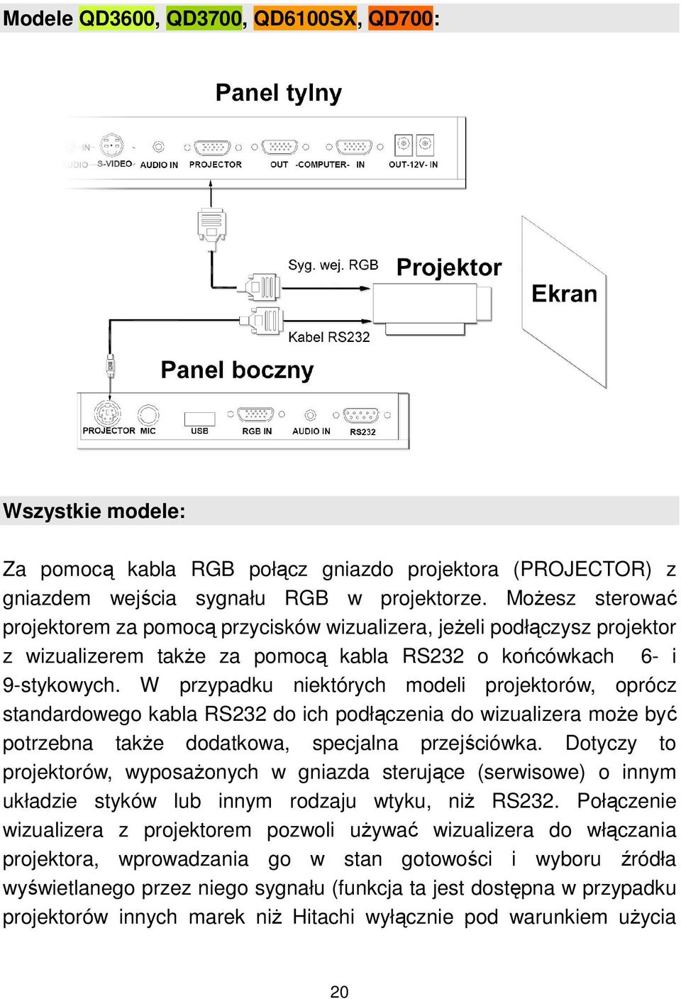 W przypadku niektórych modeli projektorów, oprócz standardowego kabla RS232 do ich podłączenia do wizualizera moŝe być potrzebna takŝe dodatkowa, specjalna przejściówka.