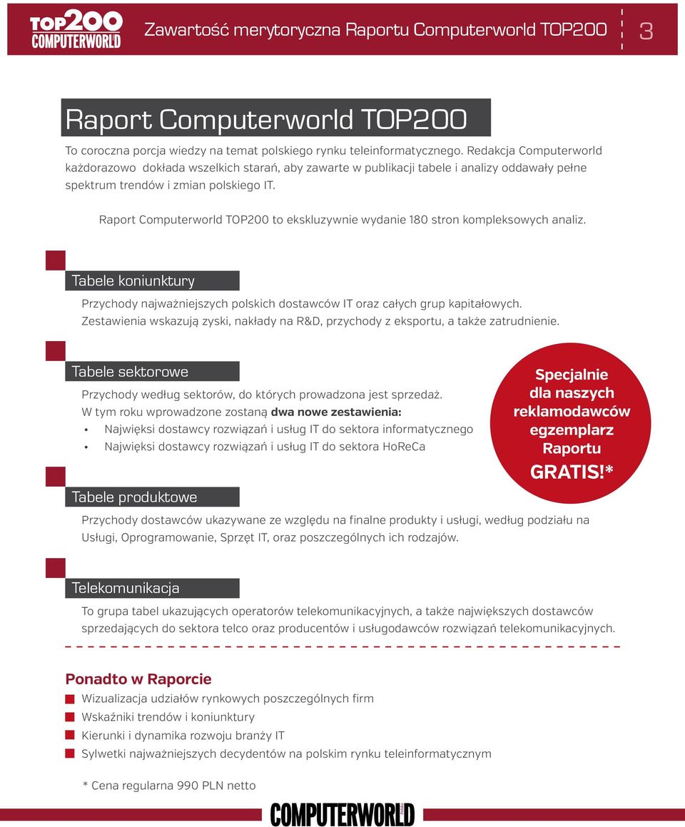 Raport Computerworld TOP200 to ekskluzywnie wydanie 180 stron kompleksowych analiz. Tabele koniunktury Przychody najważniejszych polskich dostawców IT oraz całych grup kapitałowych.