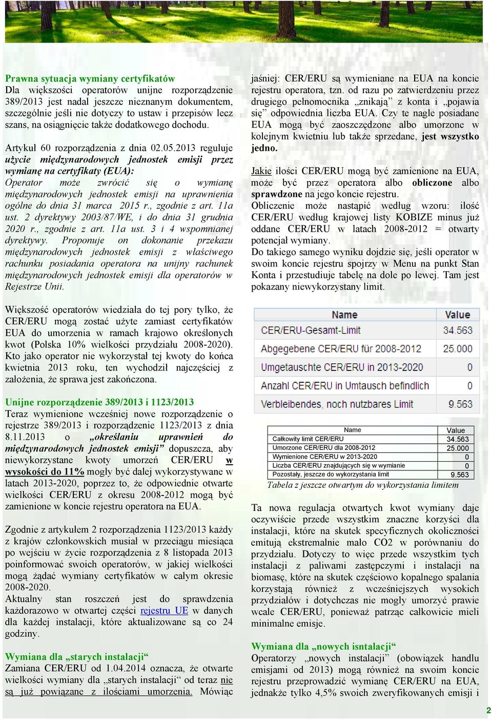 2013 reguluje użycie międzynarodowych jednostek emisji przez wymianę na certyfikaty (EUA): Operator może zwrócić się o wymianę międzynarodowych jednostek emisji na uprawnienia ogólne do dnia 31 marca