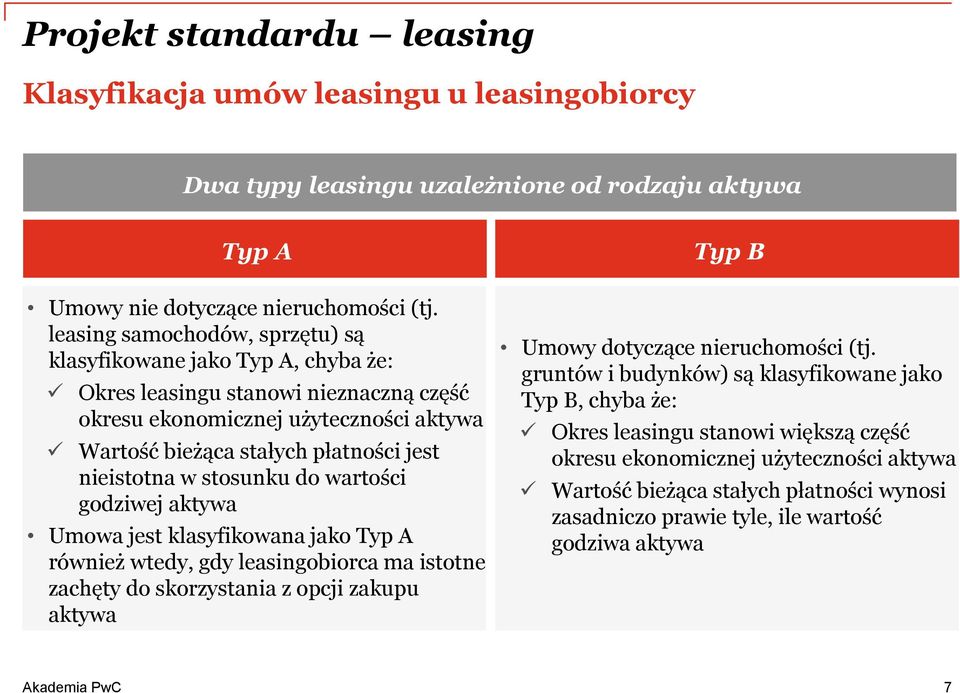 stosunku do wartości godziwej aktywa Umowa jest klasyfikowana jako Typ A również wtedy, gdy leasingobiorca ma istotne zachęty do skorzystania z opcji zakupu aktywa Typ B Umowy dotyczące nieruchomości