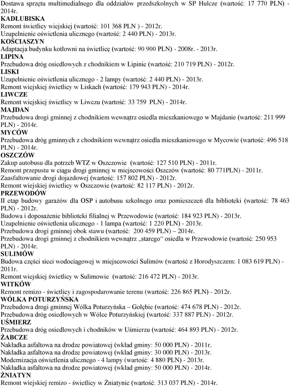 LISKI Uzupełnienie oświetlenia ulicznego - 2 lampy (wartość: 2 440 PLN) - 2013r. Remont wiejskiej świetlicy w Liskach (wartość: 179 943 PLN) - 2014r.