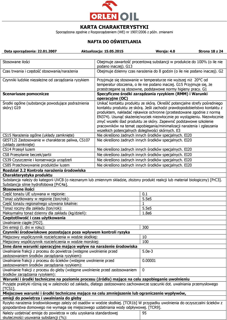 G13 Obejmuje dzienny czas narażenia do 8 godzin (o ile nie podano inaczej).