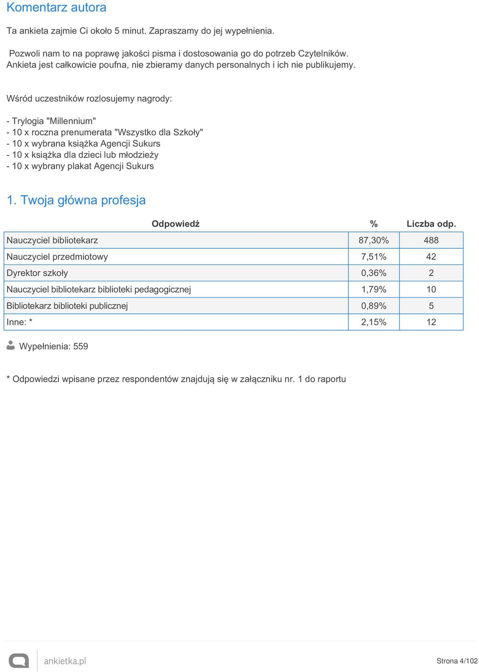 Wśród uczestników rozlosujemy nagrody: - Trylogia "Millennium" - 10 x roczna prenumerata "Wszystko dla Szkoły" - 10 x wybrana książka Agencji Sukurs - 10 x książka dla dzieci lub młodzieży - 10 x