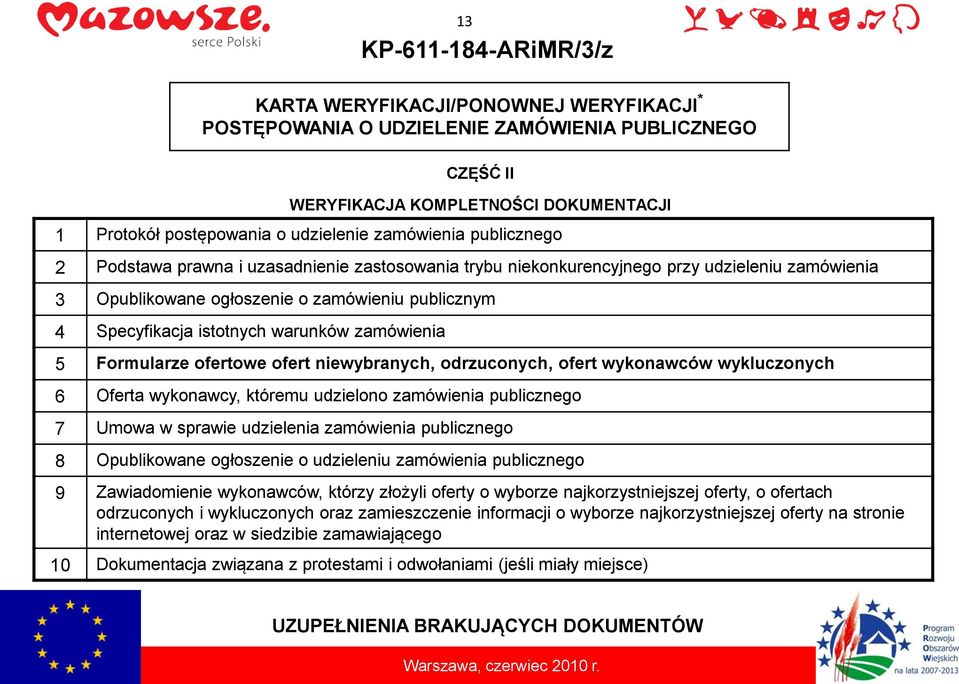 warunków zamówienia 5 Formularze ofertowe ofert niewybranych, odrzuconych, ofert wykonawców wykluczonych 6 Oferta wykonawcy, któremu udzielono zamówienia publicznego 7 Umowa w sprawie udzielenia