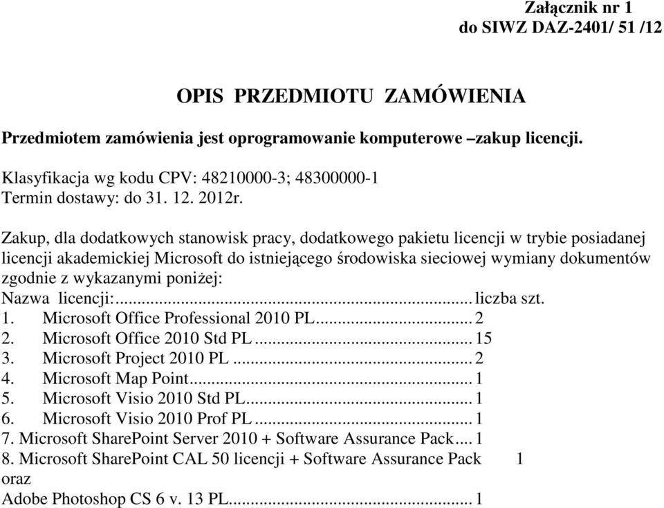 Zakup, dla dodatkowych stanowisk pracy, dodatkowego pakietu licencji w trybie posiadanej licencji akademickiej Microsoft do istniejącego środowiska sieciowej wymiany dokumentów zgodnie z wykazanymi