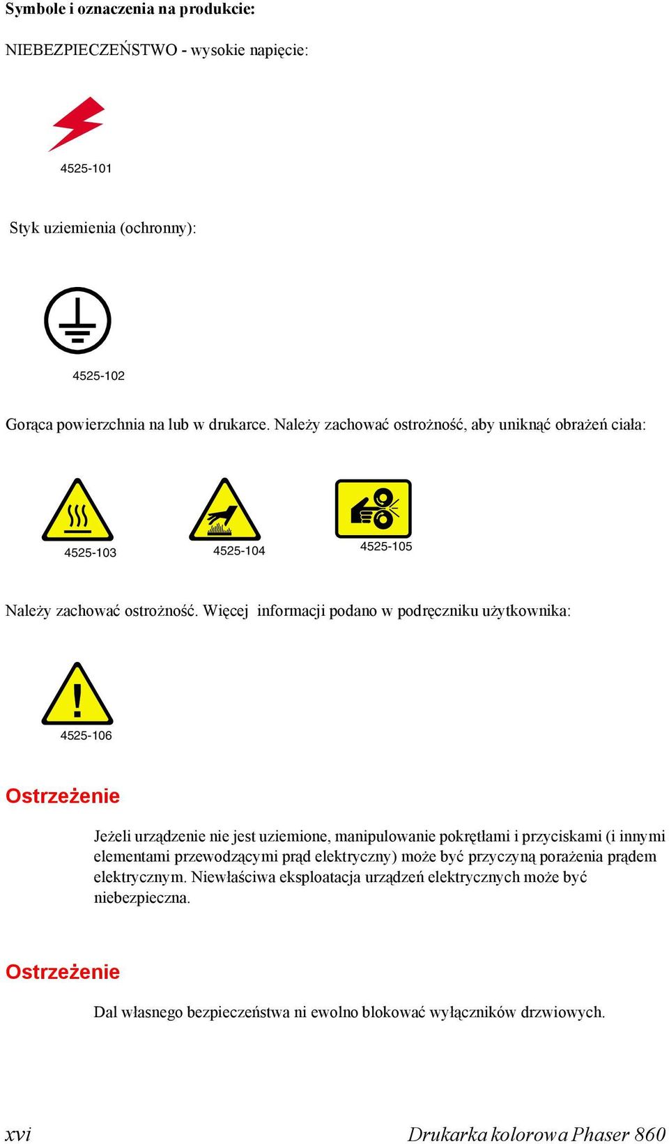 Więcej informacji podano w podręczniku użytkownika: 4525-106 Ostrzeżenie Jeżeli urządzenie nie jest uziemione, manipulowanie pokrętłami i przyciskami (i innymi elementami