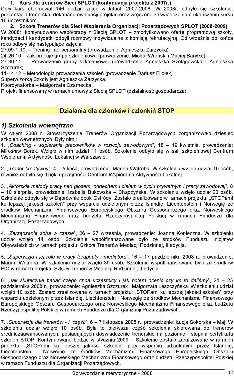 Szkoła Trenerów dla Sieci Wspierania Organizacji Pozarządowych SPLOT (2008-2009) W 2008r.