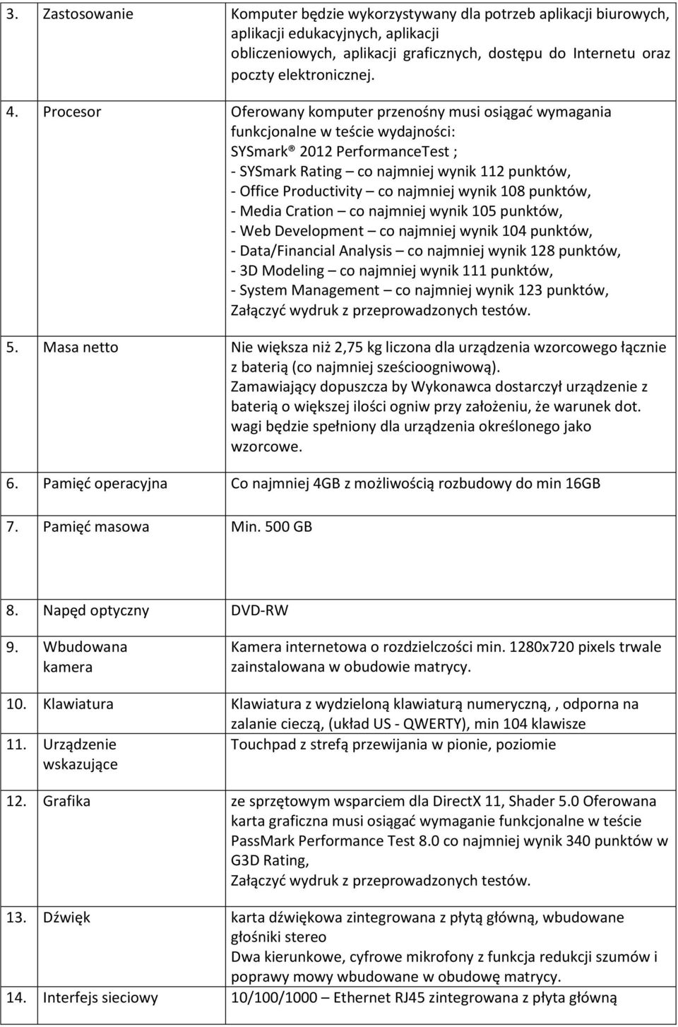 Procesor Oferowany komputer przenośny musi osiągać wymagania funkcjonalne w teście wydajności: SYSmark 2012 PerformanceTest ; - SYSmark Rating co najmniej wynik 112 punktów, - Office Productivity co