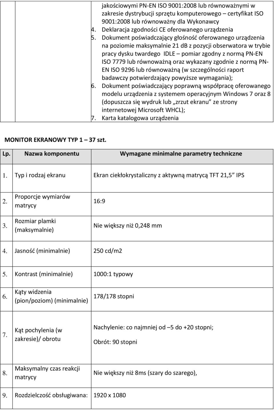 Dokument poświadczający głośność oferowanego urządzenia na poziomie maksymalnie 21 db z pozycji obserwatora w trybie pracy dysku twardego IDLE pomiar zgodny z normą PN-EN ISO 7779 lub równoważną oraz