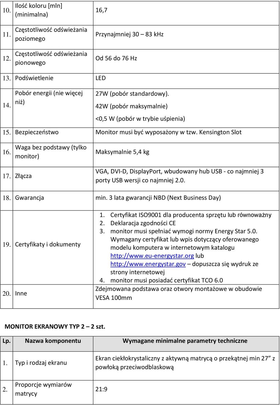 Waga bez podstawy (tylko monitor) Maksymalnie 5,4 kg 17. Złącza VGA, DVI-D, DisplayPort, wbudowany hub USB - co najmniej 3 porty USB wersji co najmniej 2.0. 18. Gwarancja min.