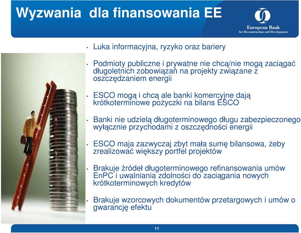 zabezpieczonego wy ącznie przychodami z oszczędno ci energii ESCO maja zazwyczaj zbyt ma a sumę bilansowa, eby zrealizować większy portfel projektów Brakuje róde d