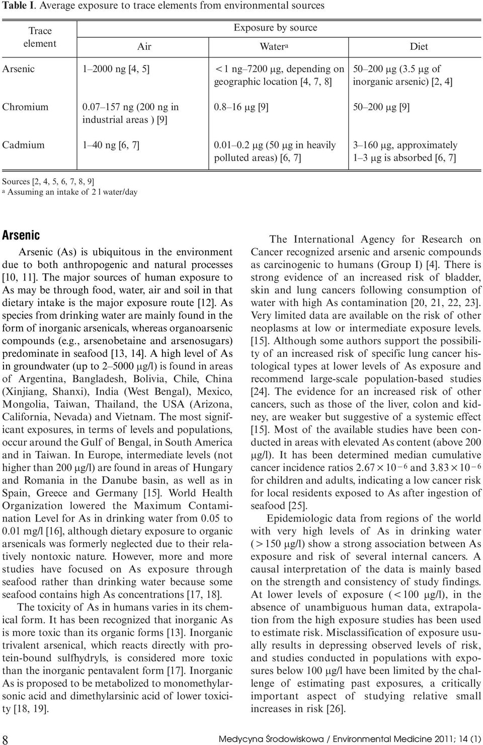 2 µg (50 µg in heavil 3 160 µg, approximatel polluted areas) [6, 7] 1 3 µg is absorbed [6, 7] Sources [2, 4, 5, 6, 7, 8, 9] a Assuming an intake of 2 l water/da Arsenic Arsenic (As) is ubiquitous in