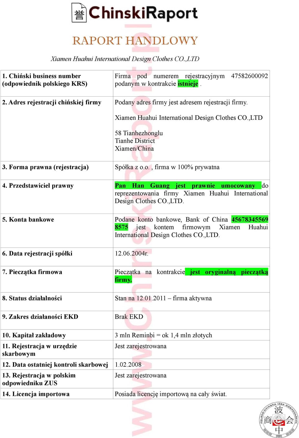 Forma prawna (rejestracja) Spółka z o.o., firma w 100% prywatna 4. Przedstawiciel prawny Pan Han Guang jest prawnie umocowany do reprezentowania firmy Xiamen Huahui International Design Clothes CO.