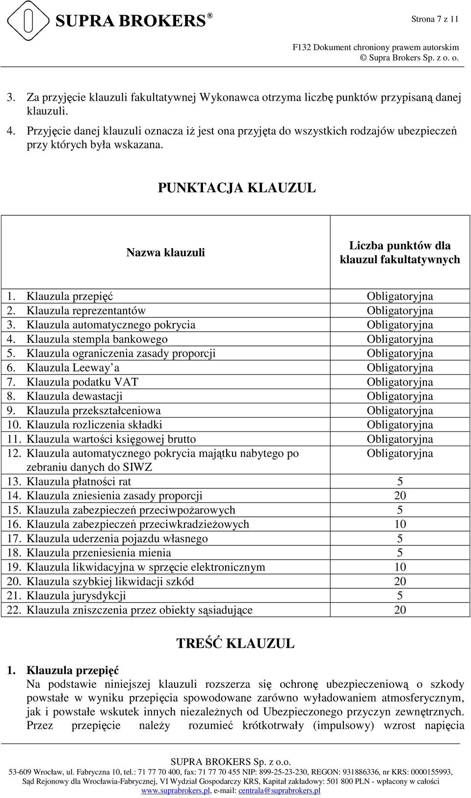 Klauzula przepięć Obligatoryjna 2. Klauzula reprezentantów Obligatoryjna 3. Klauzula automatycznego pokrycia Obligatoryjna 4. Klauzula stempla bankowego Obligatoryjna 5.