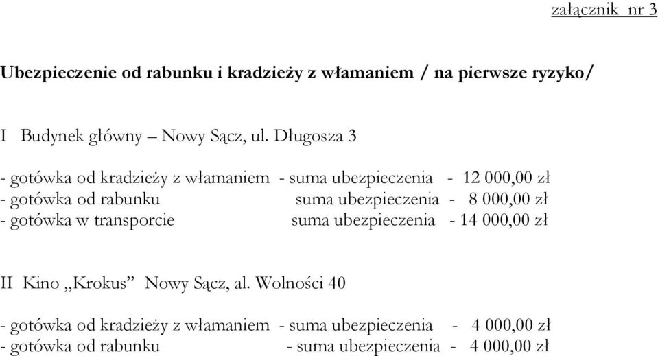 ubezpieczenia - 8 000,00 zł - gotówka w transporcie suma ubezpieczenia - 14 000,00 zł II Kino Krokus Nowy Sącz, al.