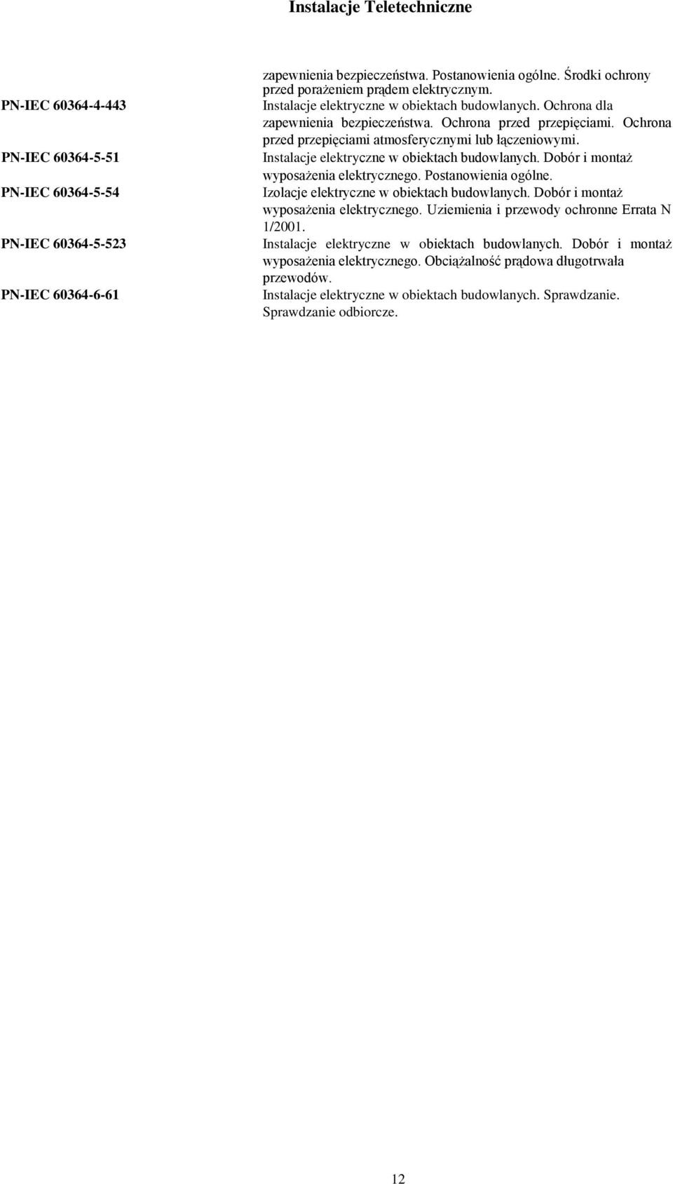 Instalacje elektryczne w obiektach budowlanych. Dobór i montaż wyposażenia elektrycznego. Postanowienia ogólne. Izolacje elektryczne w obiektach budowlanych. Dobór i montaż wyposażenia elektrycznego. Uziemienia i przewody ochronne Errata N 1/2001.