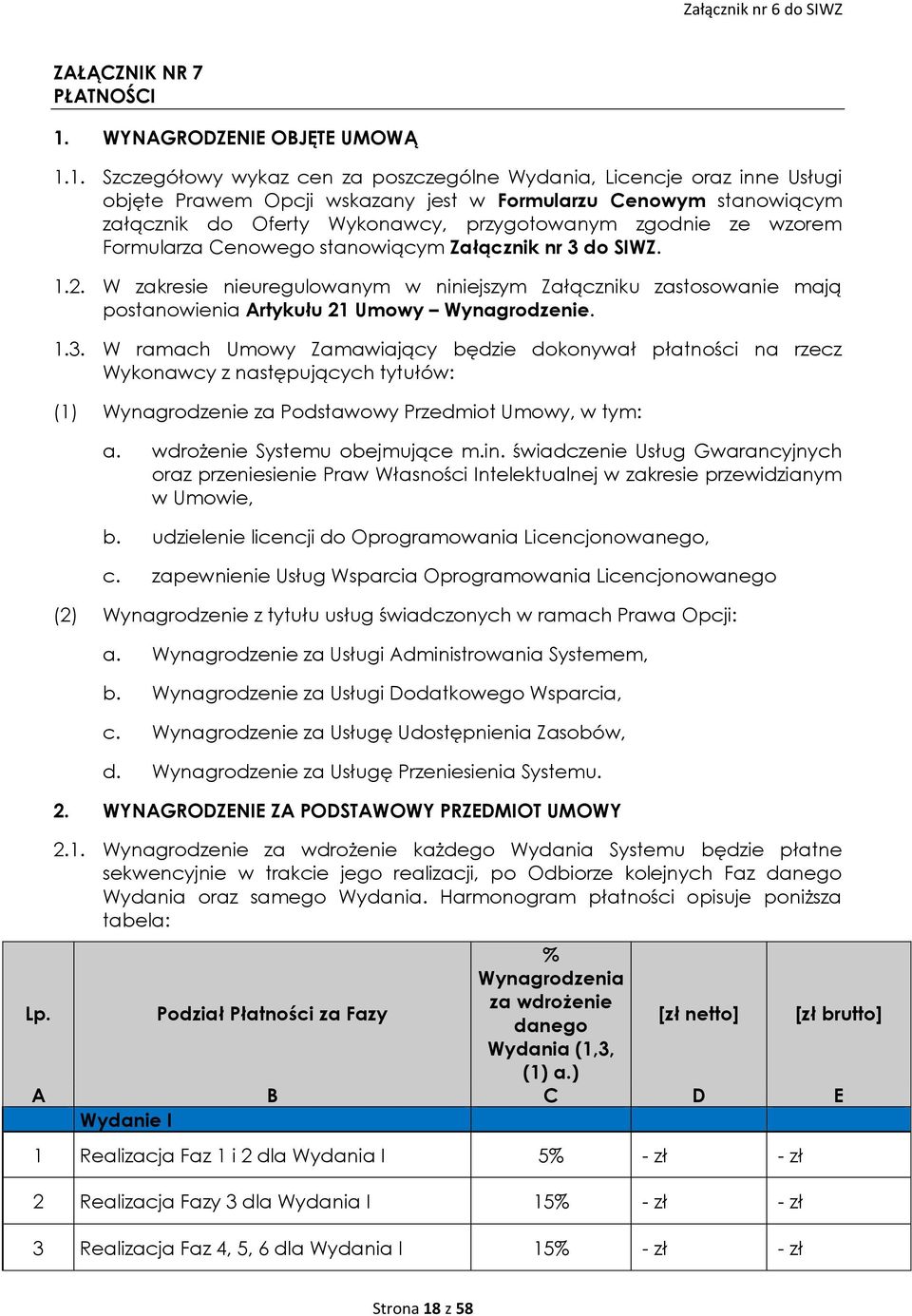 1. Szczegółowy wykaz cen za poszczególne Wydania, Licencje oraz inne Usługi objęte Prawem Opcji wskazany jest w Formularzu Cenowym stanowiącym załącznik do Oferty Wykonawcy, przygotowanym zgodnie ze