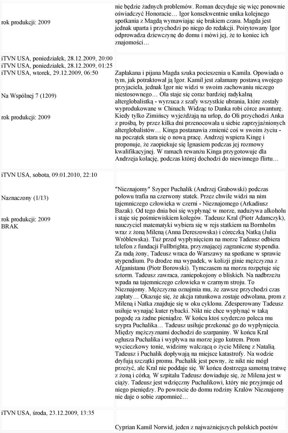 2009, 20:00 itvn USA, poniedziałek, 28.12.2009, 01:25 itvn USA, wtorek, 29.12.2009, 06:50 Zapłakana i pijana Magda szuka pocieszenia u Kamila. Opowiada o tym, jak potraktował ją Igor.