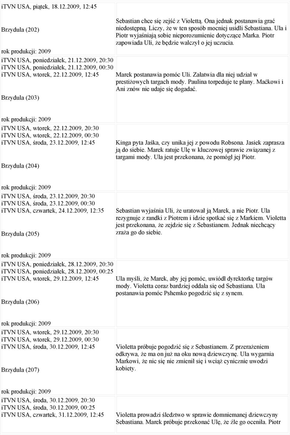 12.2009, 12:45 Marek postanawia pomóc Uli. Załatwia dla niej udział w prestiżowych targach mody. Paulina torpeduje te plany. Maćkowi i Ani znów nie udaje się dogadać.