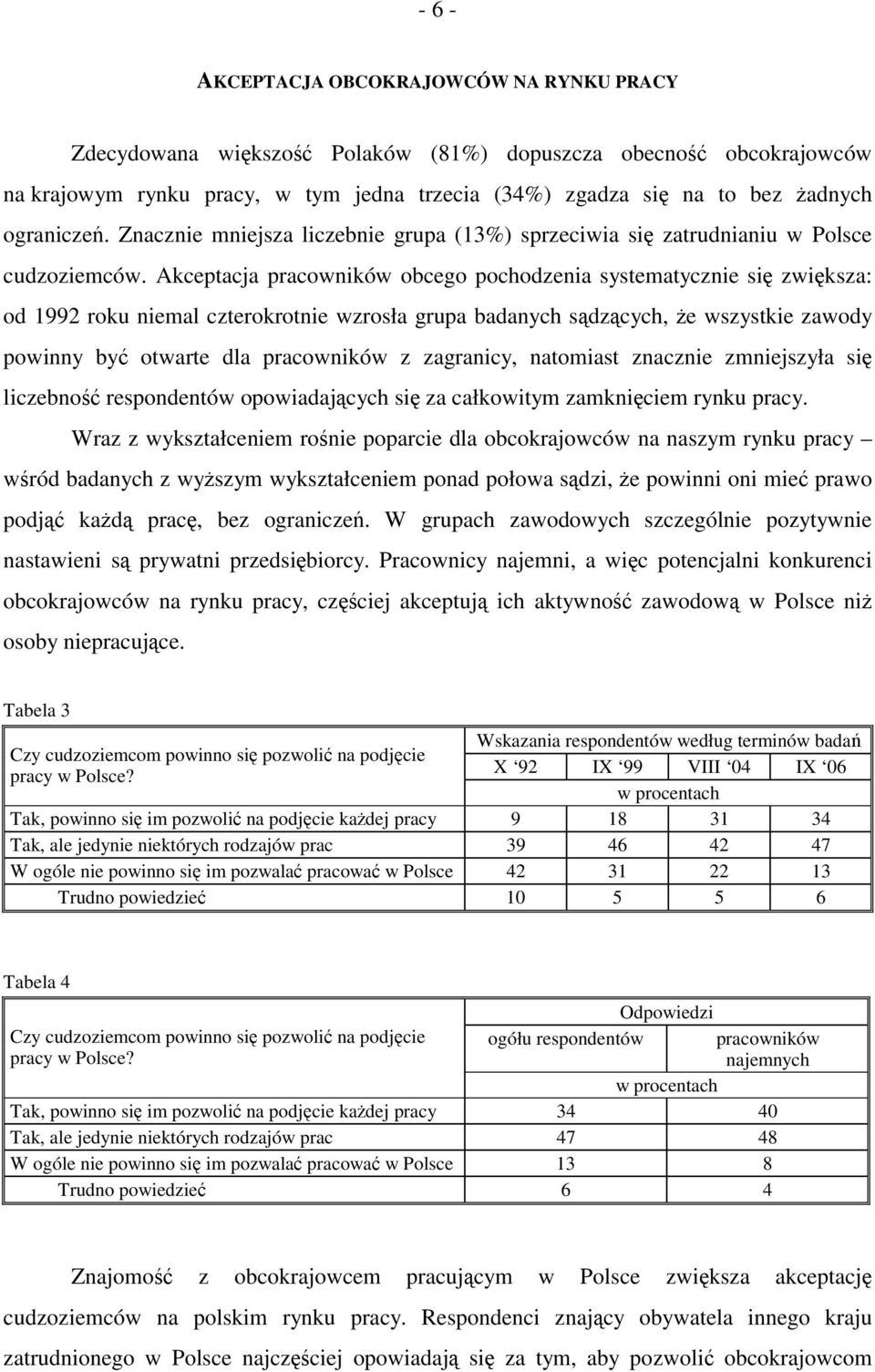 Akceptacja pracowników obcego pochodzenia systematycznie się zwiększa: od 1992 roku niemal czterokrotnie wzrosła grupa badanych sądzących, że wszystkie zawody powinny być otwarte dla pracowników z