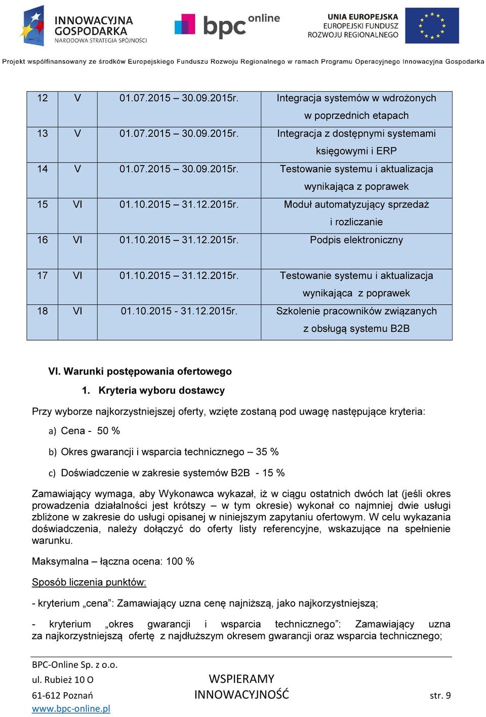 10.2015-31.12.2015r. Szkolenie pracowników związanych z obsługą systemu B2B VI. Warunki postępowania ofertowego 1.