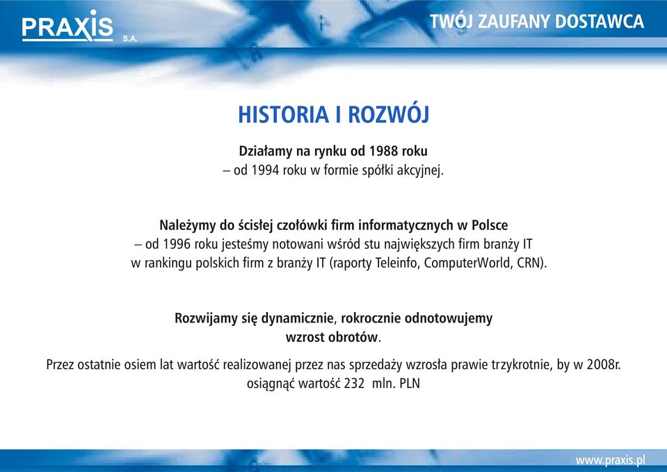 y IT w rankingu polskich firm z bran y IT (raporty Teleinfo, ComputerWorld, CRN).