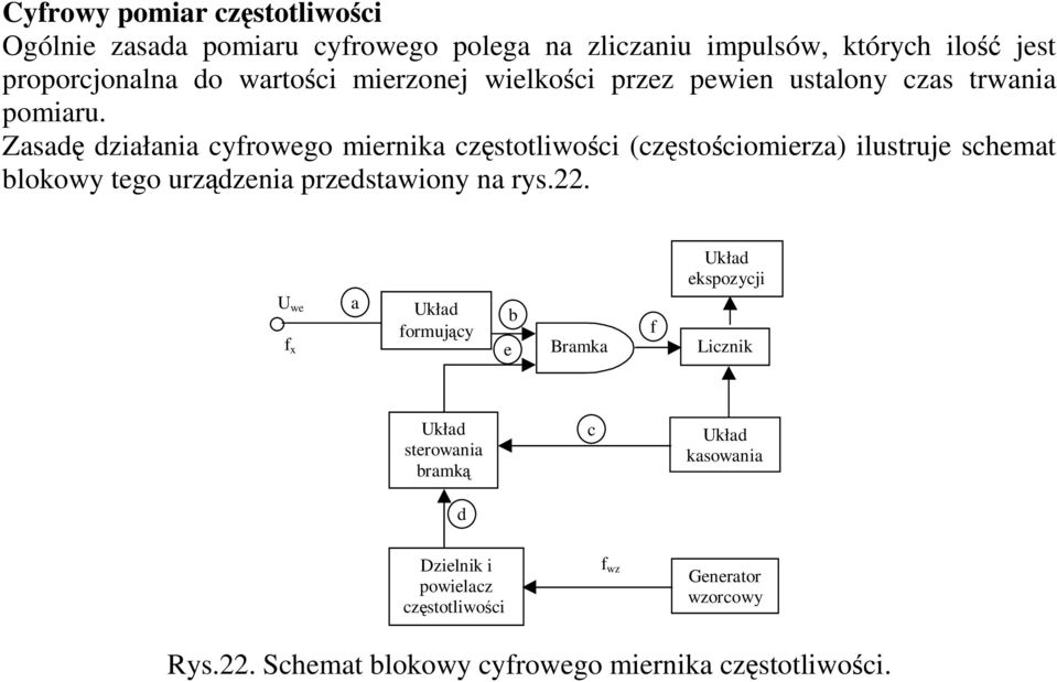 Zasad działania cyfrowego miernika czstotliwoci (czstociomierza) ilustruje schemat blokowy tego urzdzenia przedstawiony na rys.22.