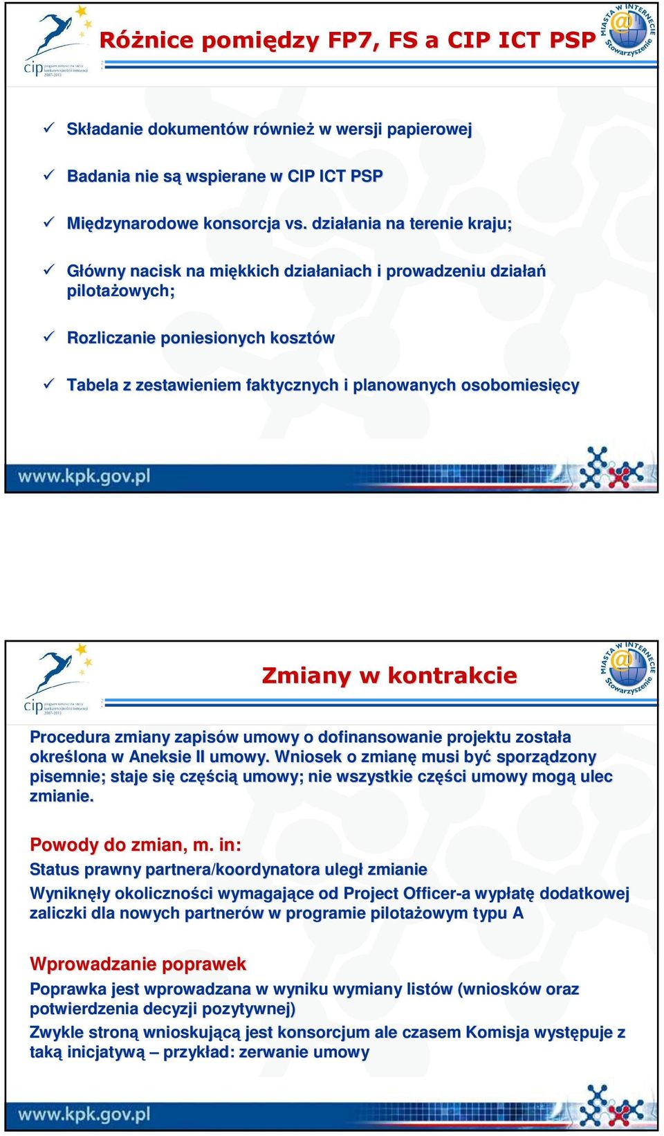 planowanych osobomiesięcy Zmiany w kontrakcie Procedura zmiany zapisów w umowy o dofinansowanie projektu została określona w Aneksie II umowy.