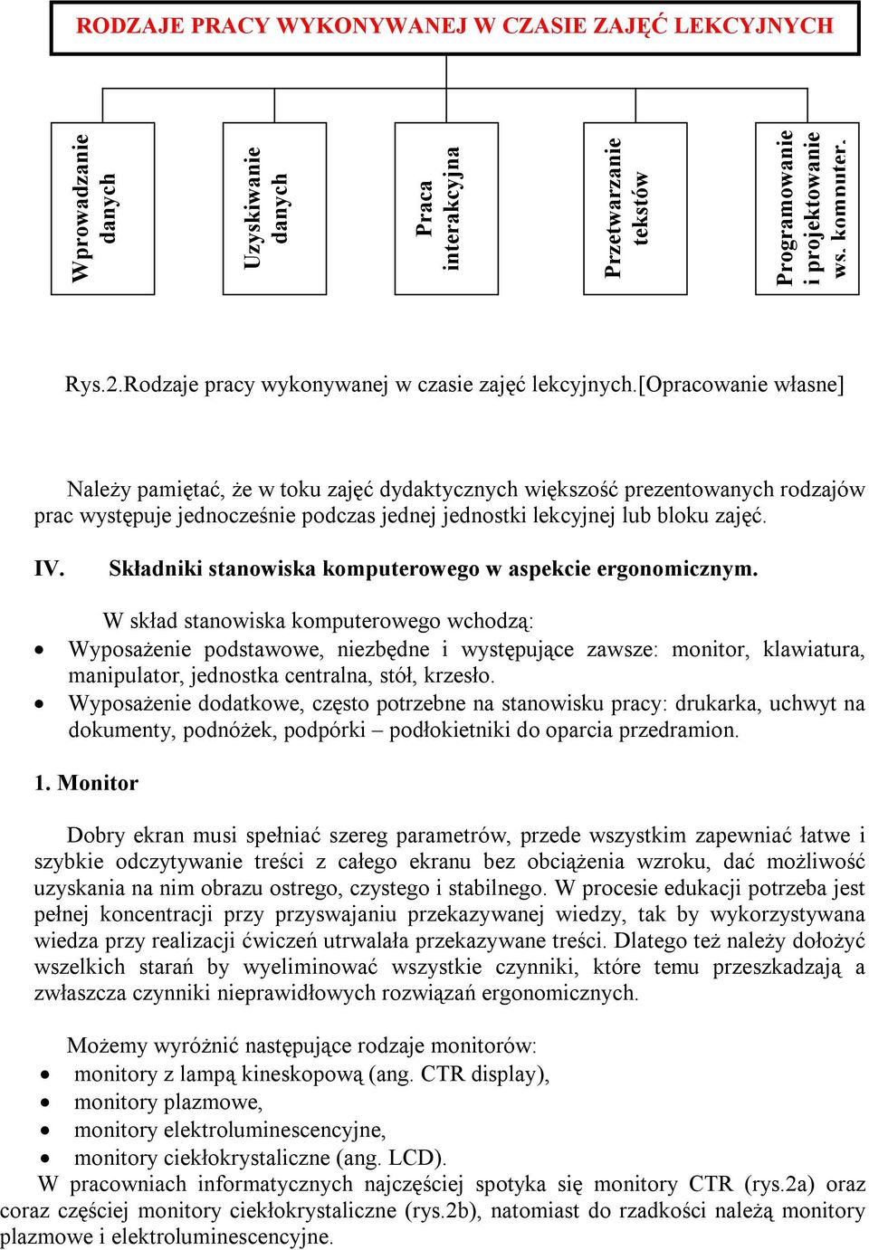 [opracowanie własne] Należy pamiętać, że w toku zajęć dydaktycznych większość prezentowanych rodzajów prac występuje jednocześnie podczas jednej jednostki lekcyjnej lub bloku zajęć. IV.