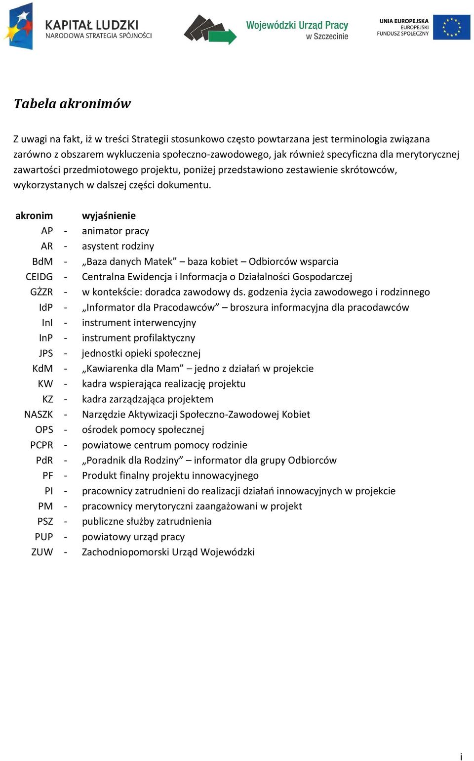 akronim AP - AR - BdM - CEIDG - GŻZR - IdP - InI - InP - JPS - KdM - KW - KZ - NASZK - OPS - PCPR - PdR - PF - PI - PM - PSZ - PUP - ZUW - wyjaśnienie animator pracy asystent rodziny Baza danych