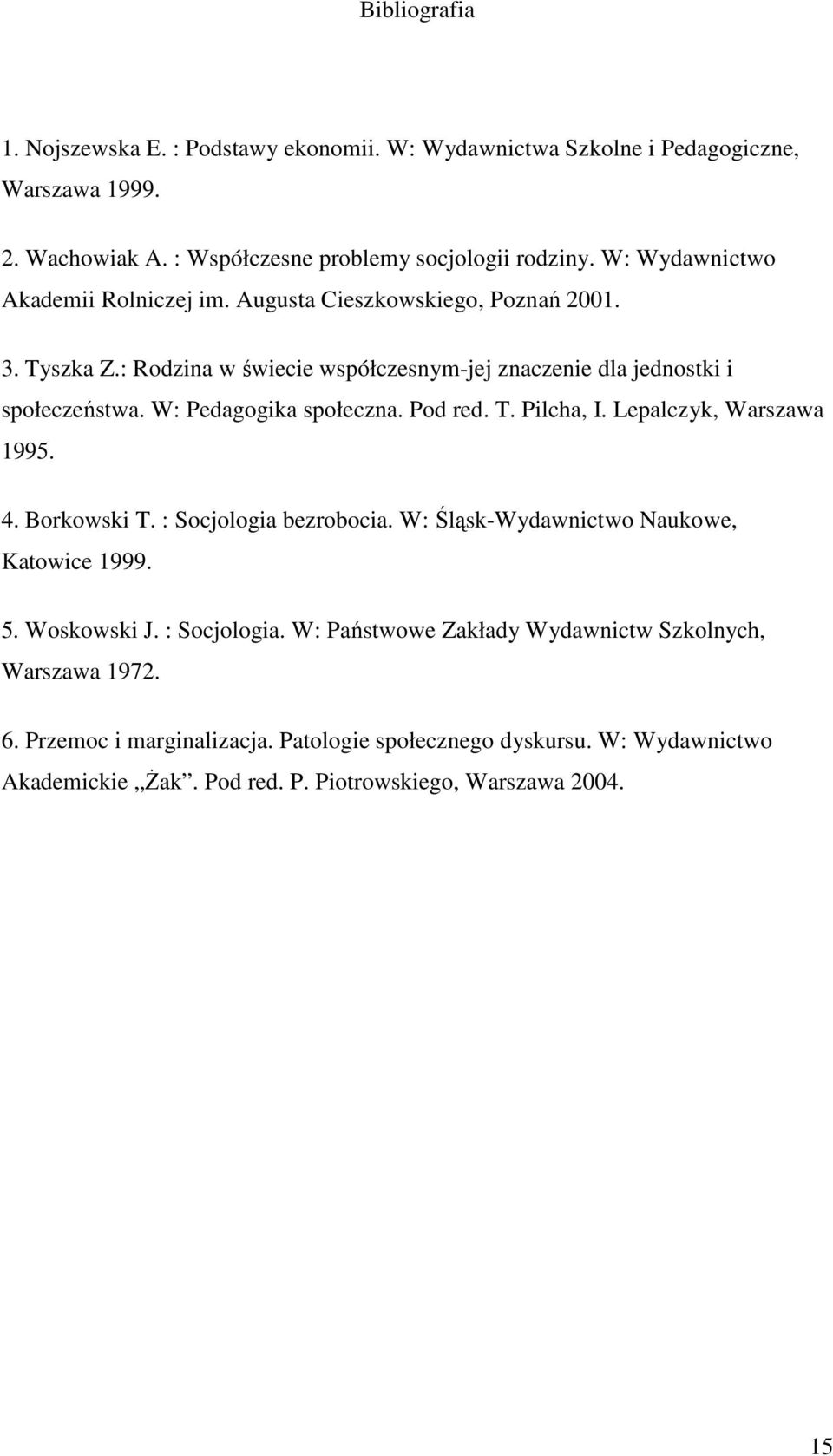 W: Pedagogika społeczna. Pod red. T. Pilcha, I. Lepalczyk, Warszawa 1995. 4. Borkowski T. : Socjologia bezrobocia. W: Śląsk-Wydawnictwo Naukowe, Katowice 1999. 5. Woskowski J.