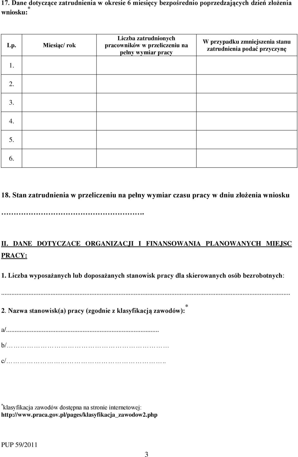 Stan zatrudnia w przeliczeniu na pełny wymiar czasu pracy w dniu złożenia wniosku. II. DANE DOTYCZĄCE ORGANIZACJI I FINANSOWANIA PLANOWANYCH MIEJSC PRACY: 1.