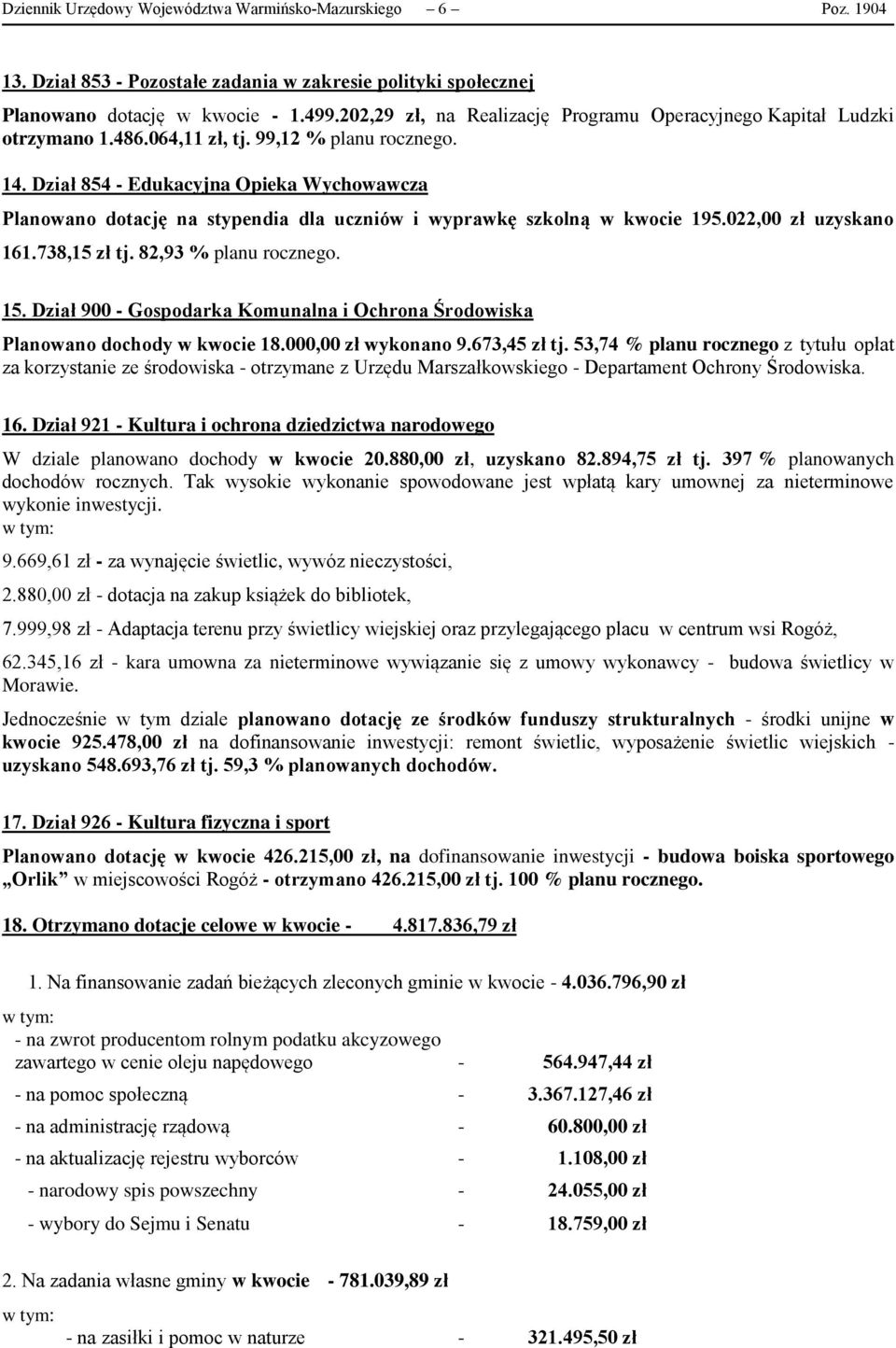 Dział 854 - Edukacyjna Opieka Wychowawcza Planowano dotację na stypendia dla uczniów i wyprawkę szkolną w kwocie 195.022,00 zł uzyskano 161.738,15 zł tj. 82,93 % planu rocznego. 15.