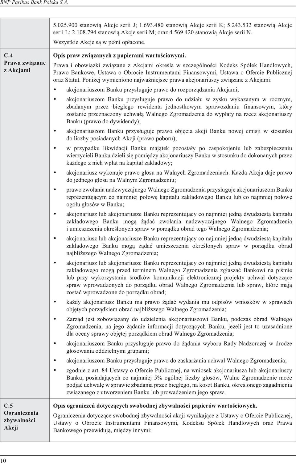 Prawa i obowi¹zki zwi¹zane z Akcjami okreœla w szczególnoœci Kodeks Spó³ek Handlowych, Prawo Bankowe, Ustawa o Obrocie Instrumentami Finansowymi, Ustawa o Ofercie Publicznej oraz Statut.