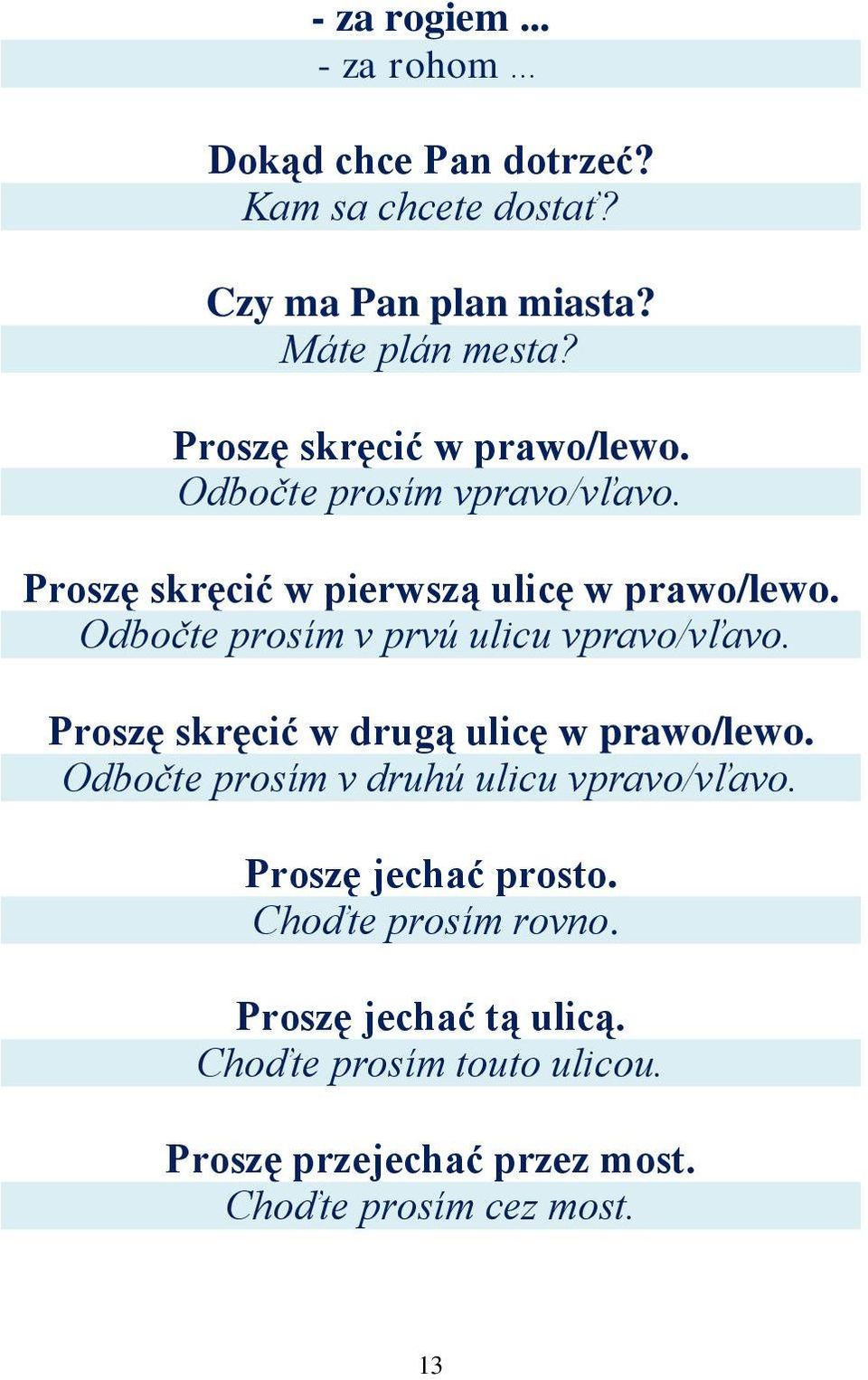 Odbočte prosím v prvú ulicu vpravo/vľavo. Proszę skręcić w drugą ulicę w prawo/lewo.