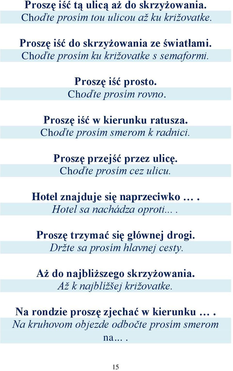 Proszę przejść przez ulicę. Choďte prosím cez ulicu. Hotel znajduje się naprzeciwko. Hotel sa nachádza oproti.... Proszę trzymać się głównej drogi.