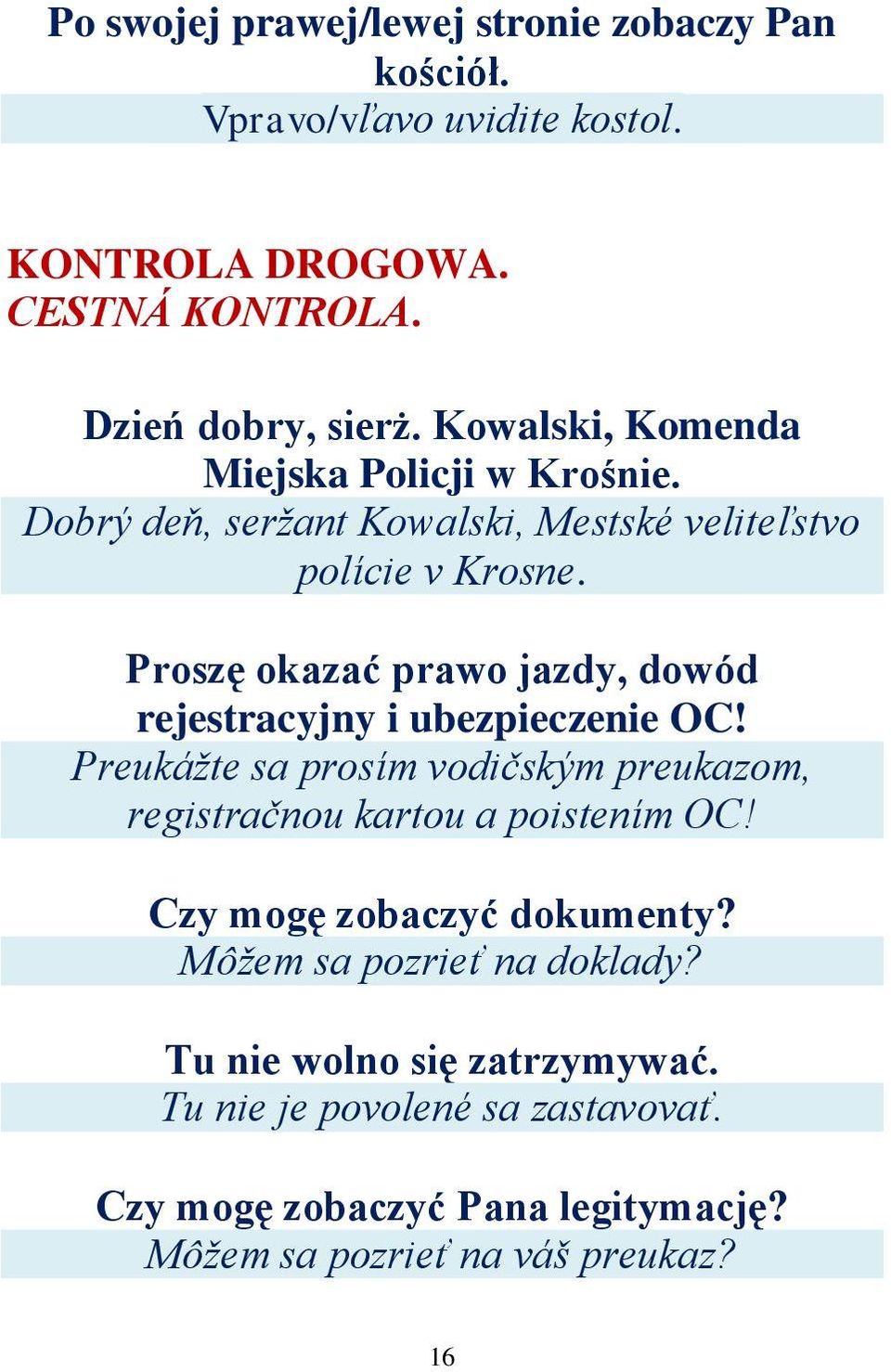 Proszę okazać prawo jazdy, dowód rejestracyjny i ubezpieczenie OC! Preukáţte sa prosím vodičským preukazom, registračnou kartou a poistením OC!