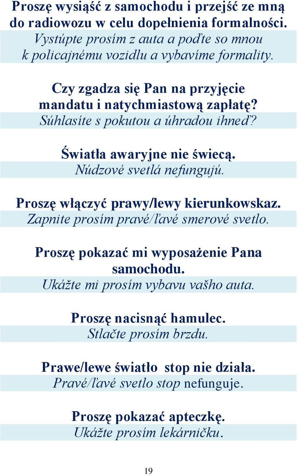 Súhlasíte s pokutou a úhradou ihneď? Światła awaryjne nie świecą. Núdzové svetlá nefungujú. Proszę włączyć prawy/lewy kierunkowskaz.