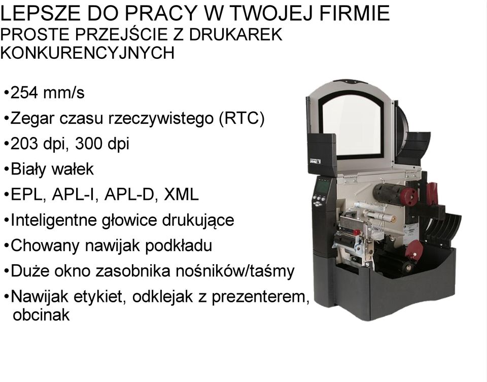 APL-I, APL-D, XML Inteligentne głowice drukujące Chowany nawijak podkładu