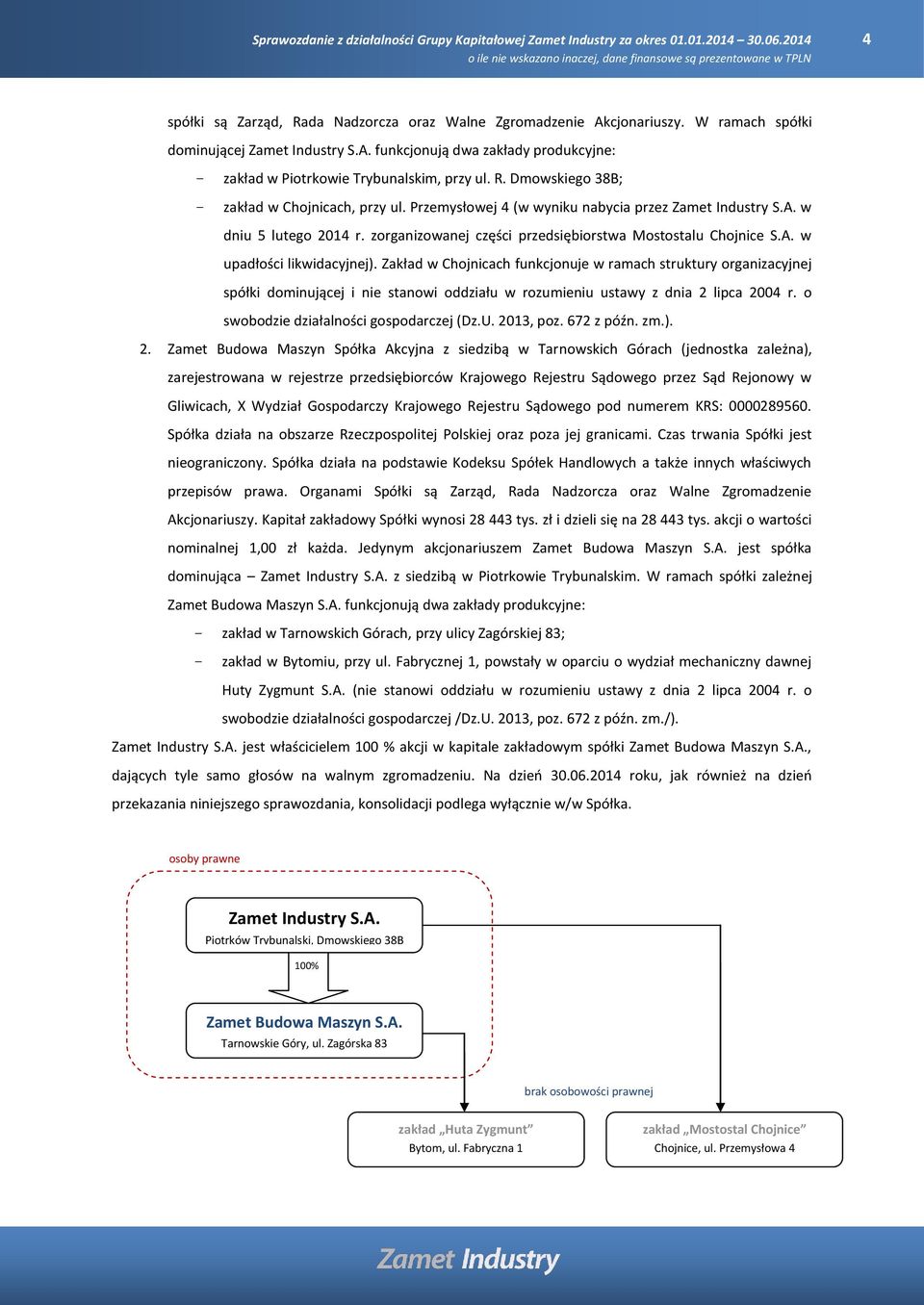 Zakład w Chojnicach funkcjonuje w ramach struktury organizacyjnej spółki dominującej i nie stanowi oddziału w rozumieniu ustawy z dnia 2 lipca 2004 r. o swobodzie działalności gospodarczej (Dz.U.