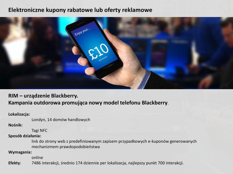 Lokalizacja: Londyn, 14 domów handlowych Nośnik: Tagi NFC Sposób działania: link do strony web z