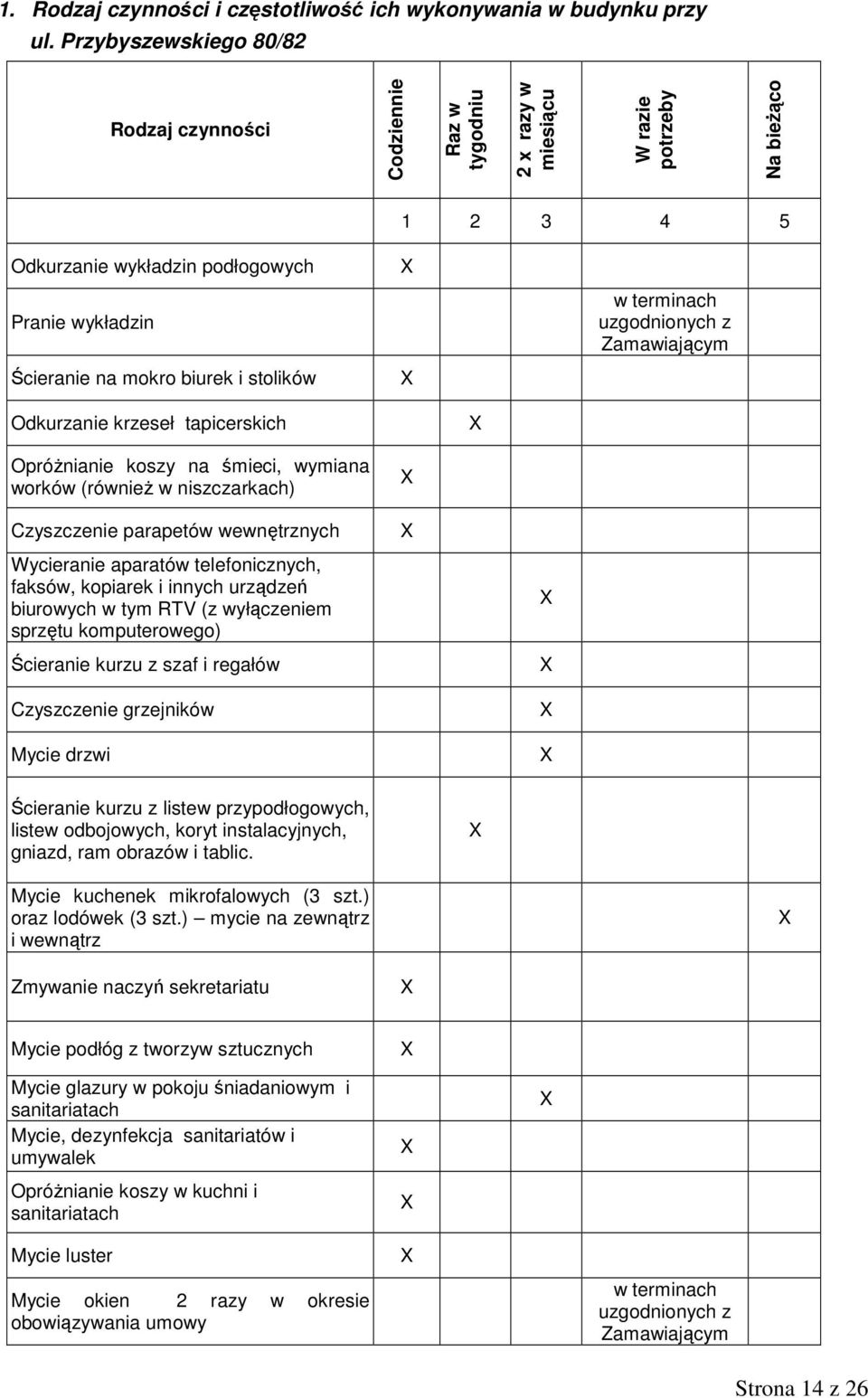 stolików w terminach uzgodnionych z Zamawiającym Odkurzanie krzeseł tapicerskich OpróŜnianie koszy na śmieci, wymiana worków (równieŝ w niszczarkach) Czyszczenie parapetów wewnętrznych Wycieranie