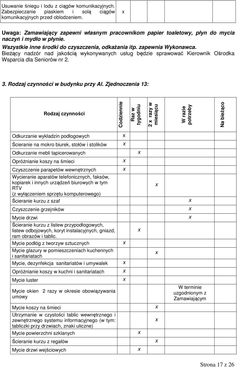 BieŜący nadzór nad jakością wykonywanych usług będzie sprawować Kierownik Ośrodka Wsparcia dla Seniorów nr 2. 3. Rodzaj czynności w budynku przy Al.