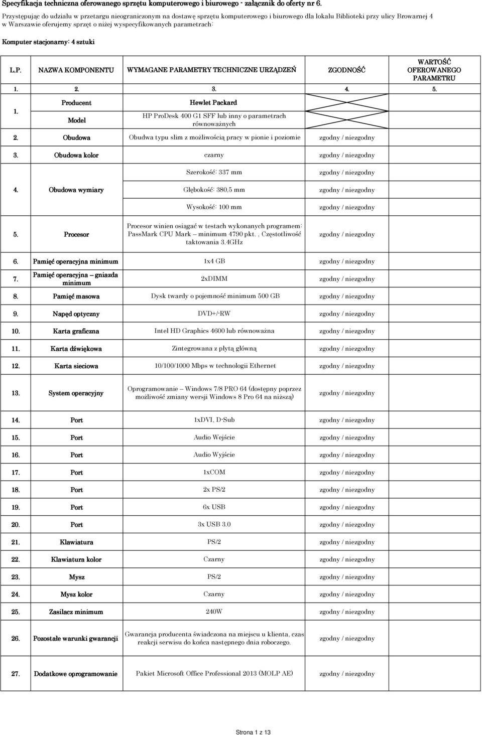 parametrach: Komputer stacjonarny: 4 sztuki Model Hewlet Packard HP ProDesk 400 G1 SFF lub inny o parametrach równowaŝnych 2. Obudowa 3.