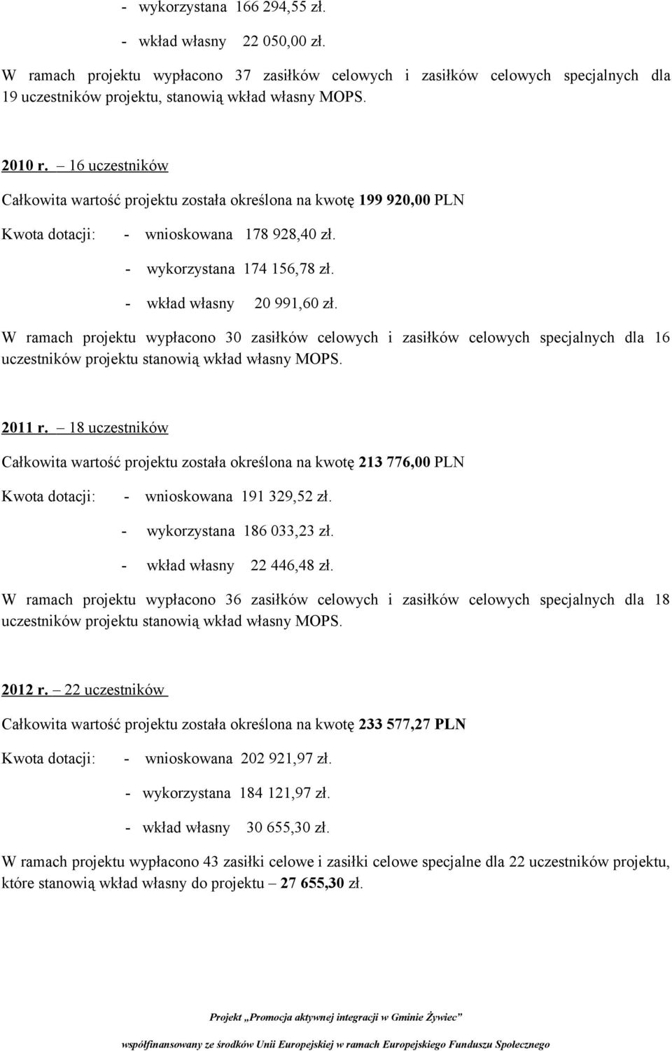 W ramach projektu wypłacono 30 zasiłków celowych i zasiłków celowych specjalnych dla 16 uczestników projektu stanowią wkład własny MOPS. 2011 r.