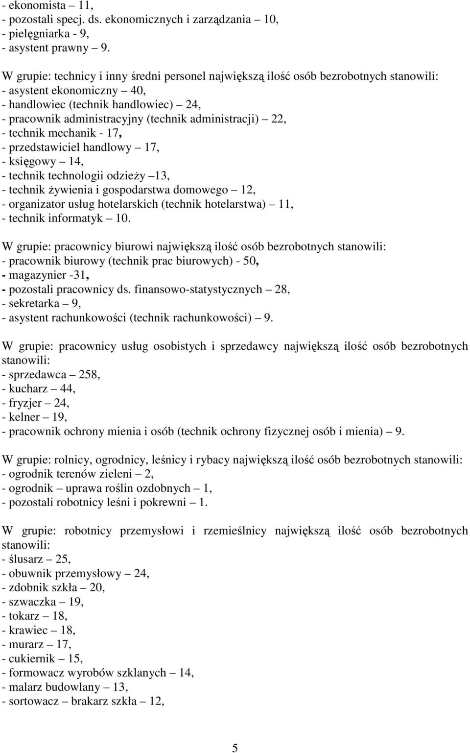 administracji) 22, - technik mechanik - 17, - przedstawiciel handlowy 17, - księgowy 14, - technik technologii odzieŝy 13, - technik Ŝywienia i gospodarstwa domowego 12, - organizator usług