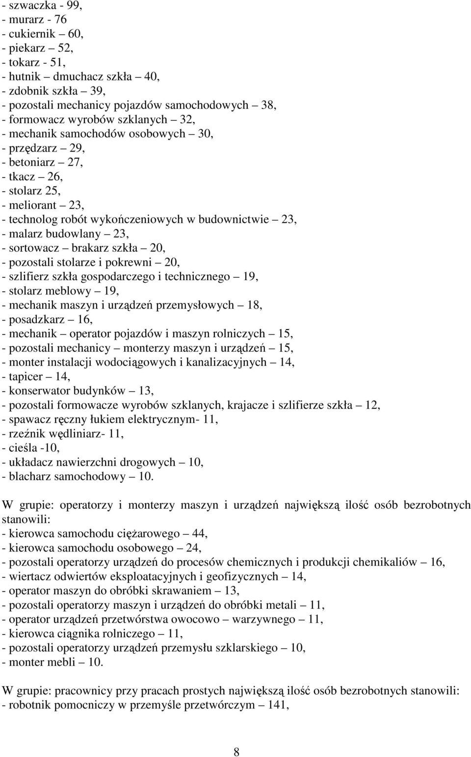 - sortowacz brakarz szkła 20, - pozostali stolarze i pokrewni 20, - szlifierz szkła gospodarczego i technicznego 19, - stolarz meblowy 19, - mechanik maszyn i urządzeń przemysłowych 18, - posadzkarz